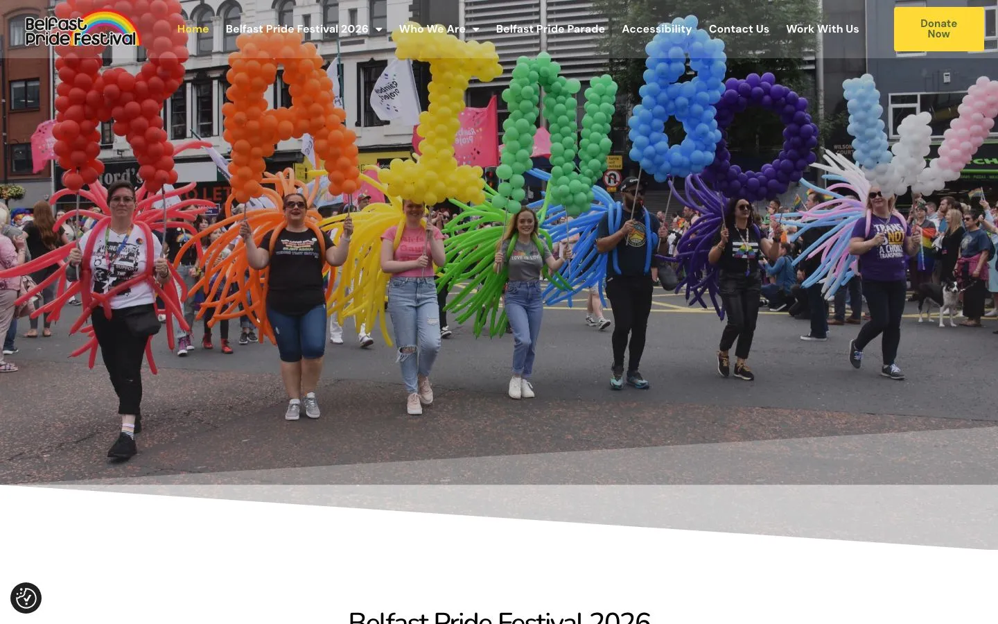 Screenshot of the Belfast Pride Festival website homepage