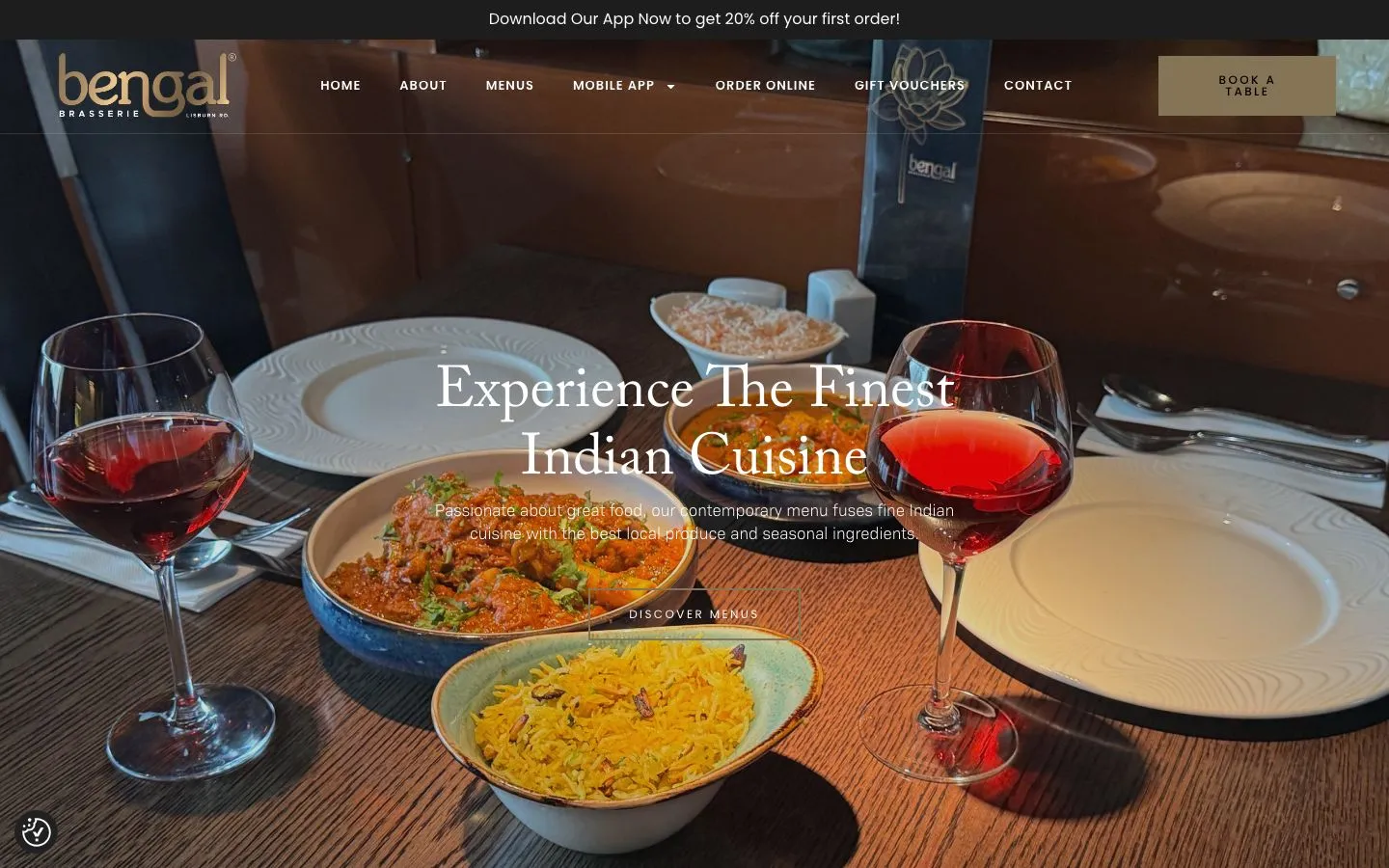 Screenshot of the Bengal Brasserie website homepage