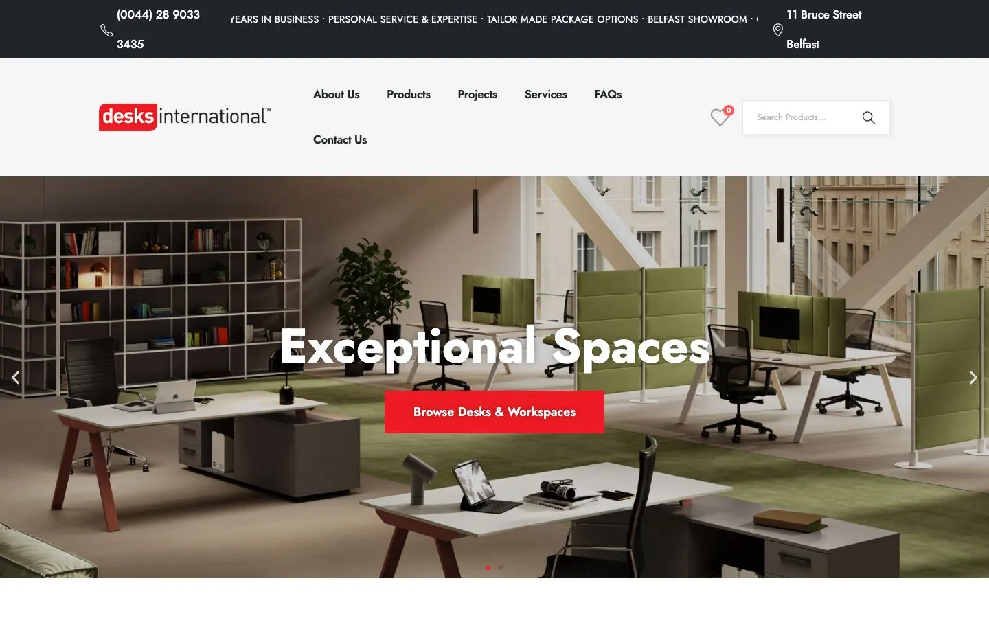 Screenshot of the Desks International website homepage