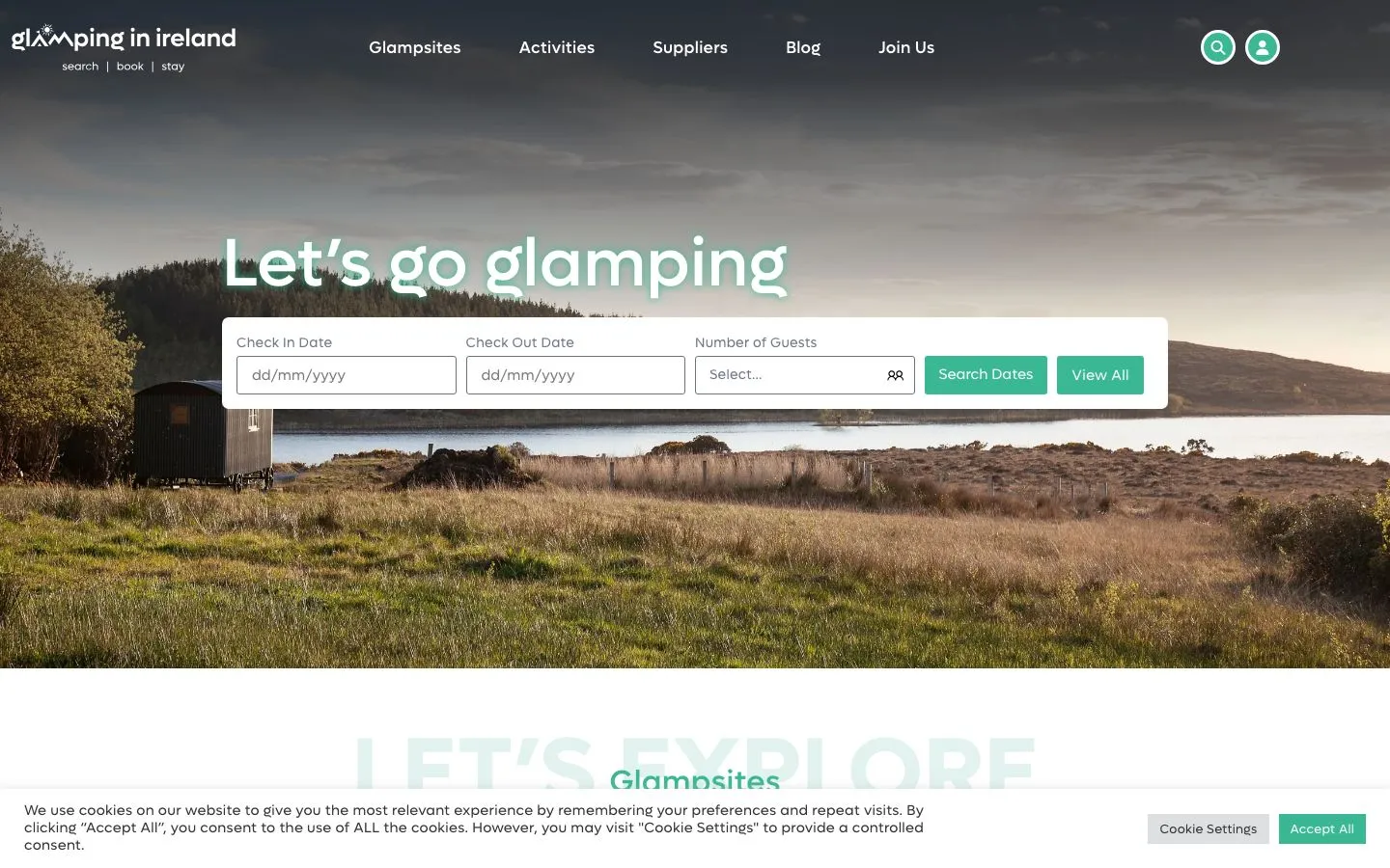 Screenshot of the Glamping in Ireland website homepage