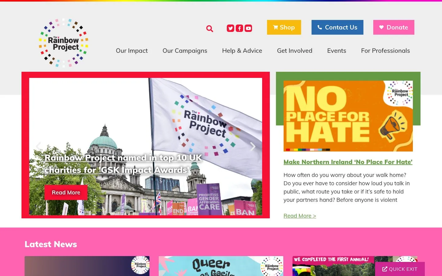 Screenshot of the The Rainbow Project website homepage